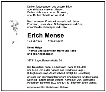 Anzeige  Erich Mense  Lippische Landes-Zeitung
