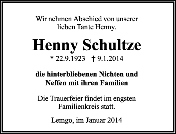 Anzeige  Henny Schultze  Lippische Landes-Zeitung