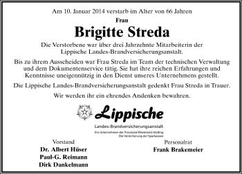 Anzeige  Brigitte Streda  Lippische Landes-Zeitung