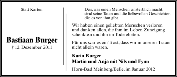 Anzeige  Bastiaan Burger  Lippische Landes-Zeitung