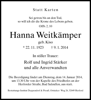 Anzeige  Hanna Weitkämper  Lippische Landes-Zeitung