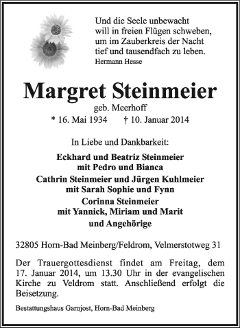 Anzeige  Margret Steinmeier  Lippische Landes-Zeitung