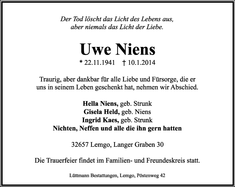  Traueranzeige für Uwe Niens vom 13.01.2014 aus Lippische Landes-Zeitung