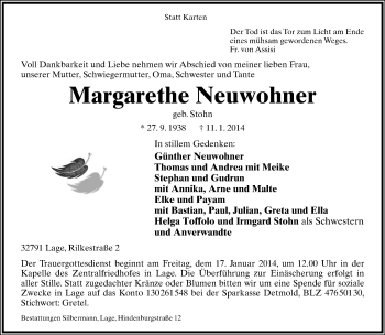 Anzeige  Margarethe Neuwohner  Lippische Landes-Zeitung