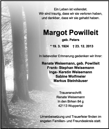 Anzeige  Margot Powilleit  Lippische Landes-Zeitung