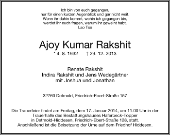 Anzeige  Ajoy Kumar Rakshit  Lippische Landes-Zeitung