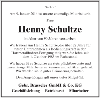 Anzeige  Henny Schultze  Lippische Landes-Zeitung