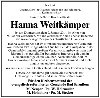 Anzeige  Hanna Weitkämper  Lippische Landes-Zeitung
