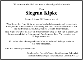 Anzeige  Siegrun Kipke  Lippische Landes-Zeitung