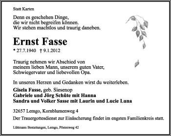 Anzeige  Ernst Fasse  Lippische Landes-Zeitung