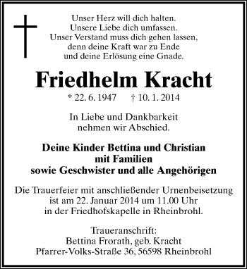 Anzeige  Friedhelm Kracht  Lippische Landes-Zeitung