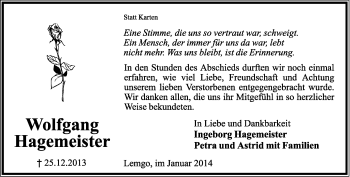 Anzeige  Wolfgang Hagemeister  Lippische Landes-Zeitung