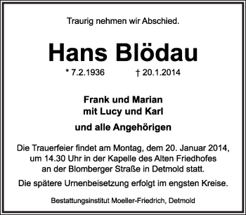 Anzeige  Hans Blödau  Lippische Landes-Zeitung