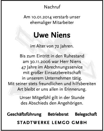 Anzeige  Uwe Niens  Lippische Landes-Zeitung