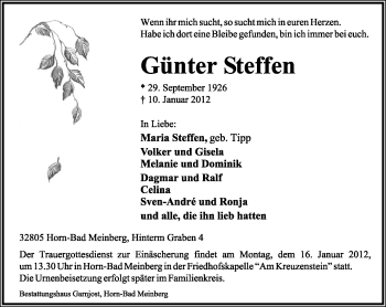 Anzeige  Günter Steffen  Lippische Landes-Zeitung