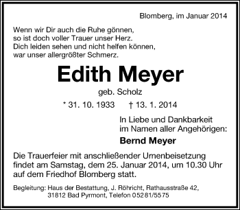 Anzeige  Edith Meyer  Lippische Landes-Zeitung