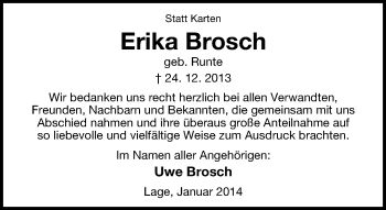 Anzeige  Erika Brosch  Lippische Landes-Zeitung