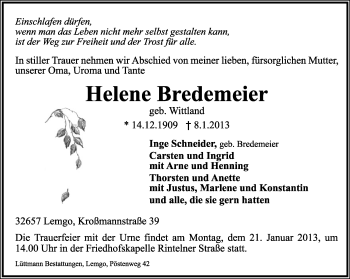 Anzeige  Helene Bredemeier  Lippische Landes-Zeitung