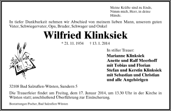 Anzeige  Wilfried Klinksiek  Lippische Landes-Zeitung