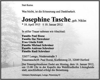 Anzeige  Josephine Tasche  Lippische Landes-Zeitung