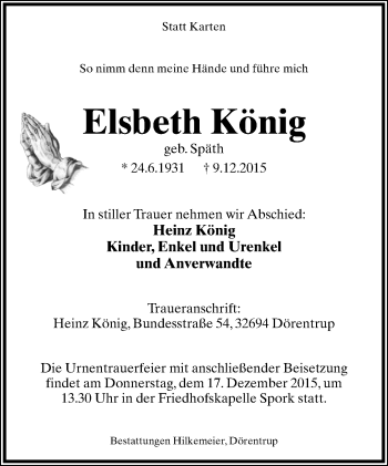 Anzeige  Elsbeth König  Lippische Landes-Zeitung