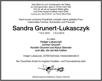 Anzeige  Sandra Grunert-Lukasczyk  Lippische Landes-Zeitung