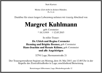 Anzeige  Margret Kuhlmann  Lippische Landes-Zeitung
