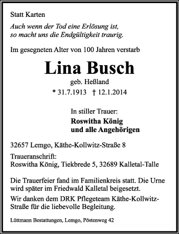 Anzeige  Lina Busch  Lippische Landes-Zeitung