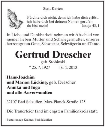 Anzeige  Gertud Drescher  Lippische Landes-Zeitung