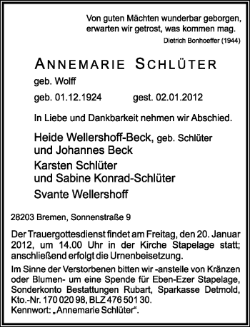 Anzeige  Annemarie Schlüter  Lippische Landes-Zeitung