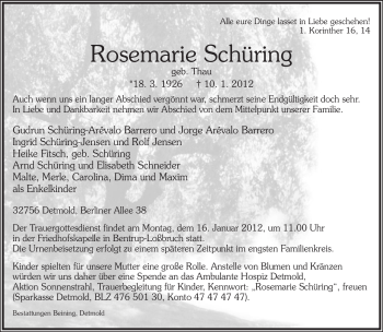Anzeige  Rosemarie Schüring  Lippische Landes-Zeitung