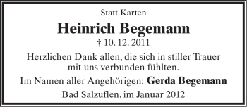Anzeige  Heinrich Begemann  Lippische Landes-Zeitung