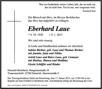 Anzeige  Eberhard Laue  Lippische Landes-Zeitung