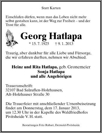 Anzeige  Georg Hatlapa  Lippische Landes-Zeitung