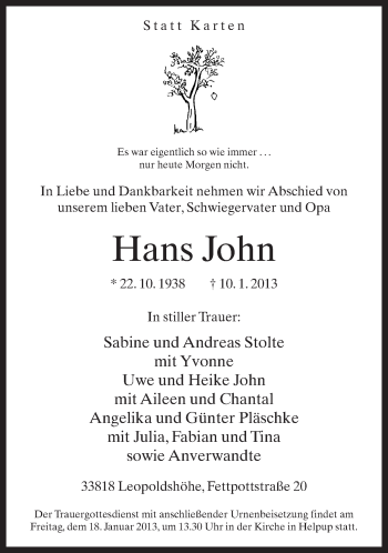 Anzeige  Hans John  Lippische Landes-Zeitung