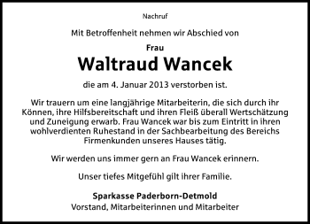 Anzeige  Waltraud Wancek  Lippische Landes-Zeitung