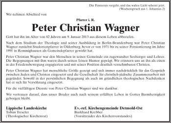 Anzeige  Peter Christian Wagner  Lippische Landes-Zeitung