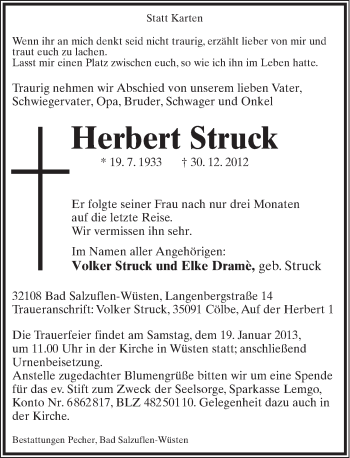 Anzeige  Herbert Struck  Lippische Landes-Zeitung