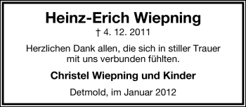 Anzeige  Heinz-Erich Wiepning  Lippische Landes-Zeitung