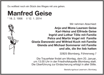 Anzeige  Manfred Geise  Lippische Landes-Zeitung