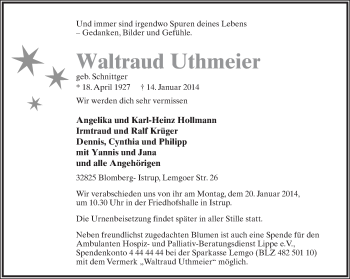 Anzeige  Waltraud Uthmeier  Lippische Landes-Zeitung