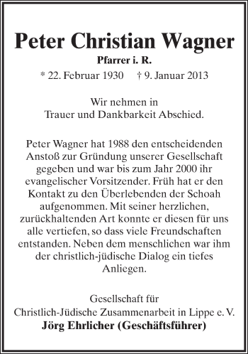 Anzeige  Peter Christian Wagner  Lippische Landes-Zeitung