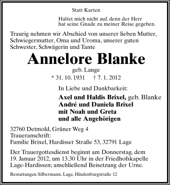 Anzeige  Annelore Blanke  Lippische Landes-Zeitung