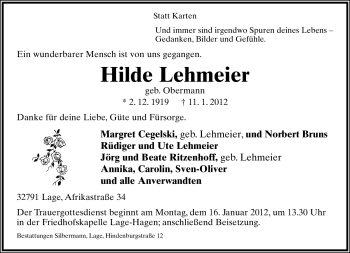 Anzeige  Hilde Lehmeier  Lippische Landes-Zeitung