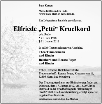 Anzeige  Elfriede Kruelkord  Lippische Landes-Zeitung