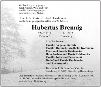 Anzeige  Hubertus Brenning  Lippische Landes-Zeitung