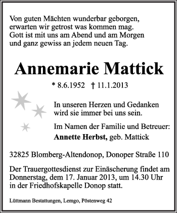 Anzeige  Annemarie Mattick  Lippische Landes-Zeitung