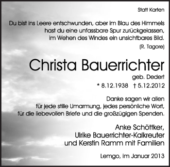 Anzeige  Christa Bauerrichter  Lippische Landes-Zeitung