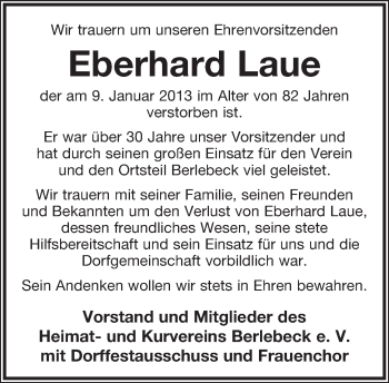 Anzeige  Eberhard Laue  Lippische Landes-Zeitung