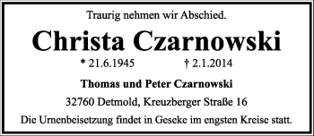 Anzeige  Christa Czarnowski  Lippische Landes-Zeitung